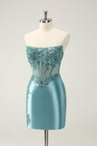 Glitter Peacock Bodycon Strapless Corset Appliques Homecoming Dress