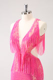 Sparkly Fuchsia V-Neck Backless Tight Homecoming Dress with Tassel