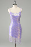 Sparkly Lilac Bodycon Sequins Lace Up Back Short Homecoming Dress with Tassels