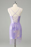 Sparkly Lilac Bodycon Sequins Lace Up Back Short Homecoming Dress with Tassels