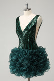 Glitter Dark Green V Neck Sequins Homecoming Dress with Detachable Ruffles