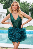 Glitter Dark Green Tight V Neck Sequins Homecoming Dress with Detachable Ruffles