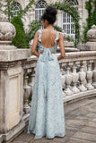 Grey Green Sheath Floral Print Long Chiffon Bridesmaid Dress With Slit