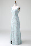 Grey Green Sheath Floral Print Long Bridesmaid Dress With Slit