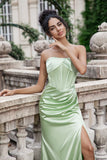 Sheath Corset Strapless Long Green Bridesmaid Dress With Slit