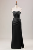 Green Sheath Corset Strapless Long Bridesmaid Dress With Slit