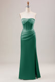 Sheath Corset Strapless Long Green Bridesmaid Dress With Slit