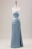 Sheath Corset Strapless Long Green Bridesmaid Dress With Slit