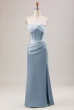 Green Sheath Corset Strapless Long Bridesmaid Dress With Slit