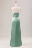 Sheath Corset Strapless Long Green Bridesmaid Dress With Slit