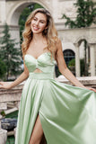 Green A Line Pleated Strapless Keyhole Maxi Bridesmaid Dress With Slit