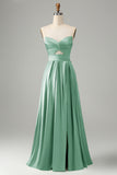 Green A Line Pleated Strapless Keyhole Bridesmaid Dress With Slit