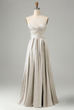 Green A Line Pleated Strapless Keyhole Bridesmaid Dress With Slit