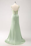 Green Mermaid Spaghetti Straps Satin Long Bridesmaid Dress with Slit