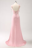 Mermaid Spaghetti Straps Satin Pink Long Bridesmaid Dress with Slit