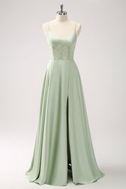 Green Spaghetti Straps A-Line Satin Long Corset Bridesmaid Dress with Slit