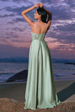 Satin Green A-Line Corset Bridesmaid Dress with Slit