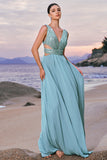 Grey Green A-Line Sequins Chiffon Bridesmaid Dress