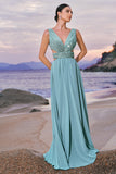 Grey Green A-Line Sequins Chiffon Bridesmaid Dress