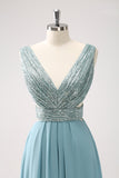 Grey Green V Neck A-Line Sequins Chiffon Long Bridesmaid Dress