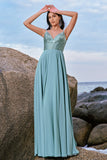 Spaghetti Straps Grey Green A-Line Chiffon Bridesmaid Dress with Slit