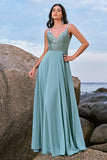 Spaghetti Straps Grey Green A-Line Chiffon Bridesmaid Dress with Slit