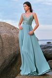 Spaghetti Straps Grey Green A-Line Chiffon Bridesmaid Dress with Slit