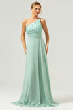 Sparkly Green A-Line One Shoulder Chiffon Long Bridesmaid Dress