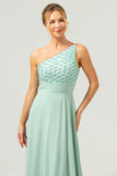 Sparkly Green A-Line One Shoulder Chiffon Long Bridesmaid Dress