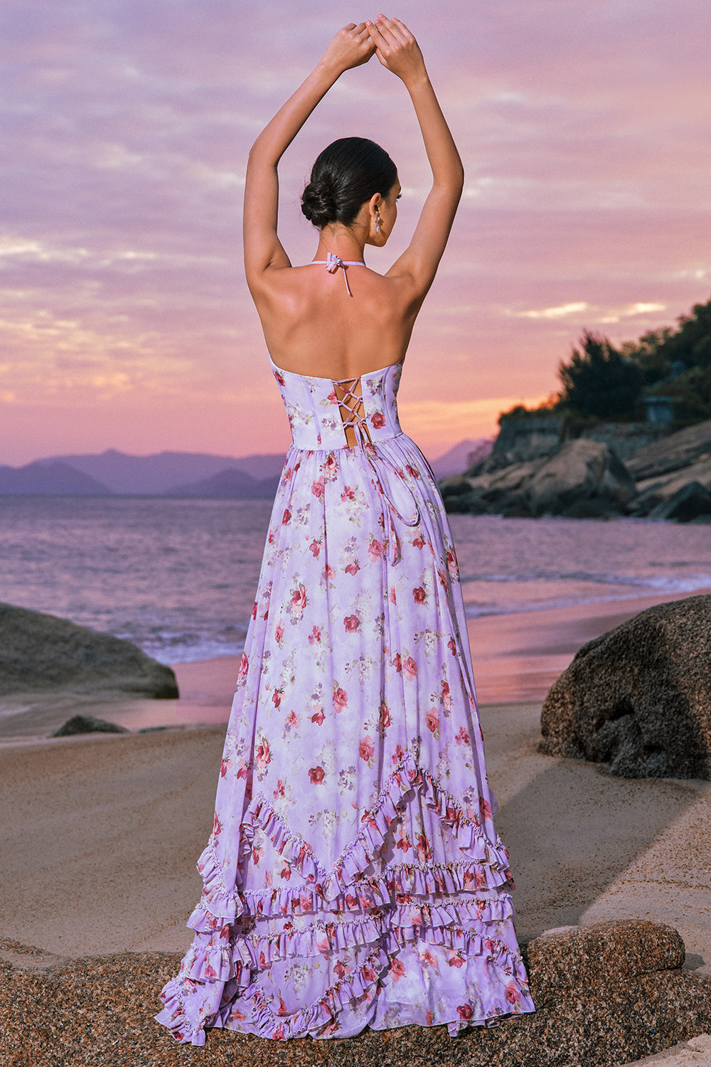 Zapaka Women Purple Floral Bridesmaid Dress with Slit Corset Halter A-Line Ruffled Wedding Guest Dress Zapaka CA Zapaka Women Purple Floral Bridesmaid Dress with Slit Corset Halter A-Line Ruffled Wedding Guest Dress Zapaka CA
