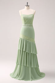 Green Floral Ruffled Chiffon Bridesmaid Dress with Lace