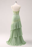 Green Floral Rufffled Chiffon Bridesmaid Dress with Lace