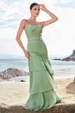 Green Mermaid Floral Chiffon Long Ruffled Bridesmaid Dress with Lace