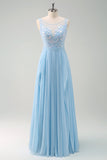 Sparkly Sky Blue Bateau Neck Pleated Long Bridesmaid Dress