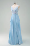 Sparkly Sky Blue Bateau Neck Pleated Long Bridesmaid Dress