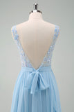 Sparkly Sky Blue Bateau Neck Pleated Long Bridesmaid Dress