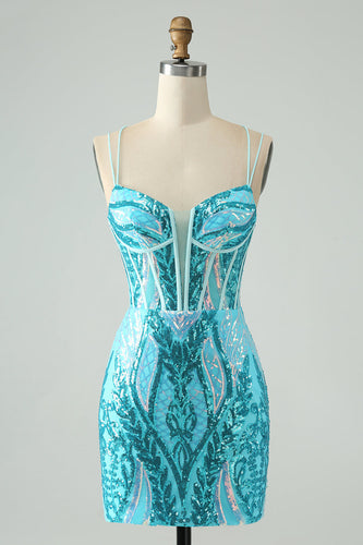 Sparkly Blue Bodycon Spaghetti Straps Corset Homecoming Dress with Sequins