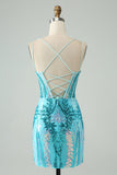 Sparkly Blue Bodycon Spaghetti Straps Corset Homecoming Dress with Sequins