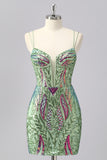 Sparkly Blue Bodycon Spaghetti Straps Corset Homecoming Dress with Sequins