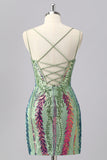 Sparkly Blue Bodycon Spaghetti Straps Corset Homecoming Dress with Sequins
