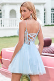 Cute Glitter A Line Beaded Corset Tulle Blue Homecoming Dress with Appliques