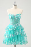 Cute Glitter Green A Line Strapless Sequined Tiered Corset Homecoming Dress