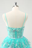 Cute Sparkly A-Line Green Spaghetti Straps Tiered Homecoming Dress with Sequins