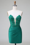 Dark Green Deep V Neck Applique Satin Mini Homecoming Dress