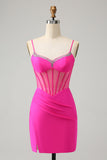 Unique Sparkly Beaded Tight Corset Short Fuchsia Homecoming Dress with Slit