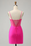 Glitter Fuchsia Beaded Tight Corset Short Homecoming Dress with Slit