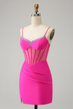 Glitter Fuchsia Beaded Tight Corset Short Homecoming Dress with Slit