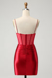 Glitter Dark Red Beaded Corset Satin Short Homecoming Dress