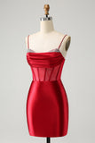 Glitter Dark Red Beaded Corset Satin Short Homecoming Dress