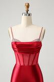 Glitter Dark Red Beaded Corset Satin Short Homecoming Dress